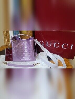 NWT Gucci GG Emblem Small Lilac Patent Leather GG Monogram Crossbody Top Handle